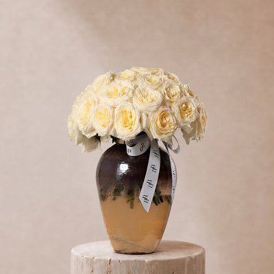 Qamar Cream Garden Roses in Lumiere Vase