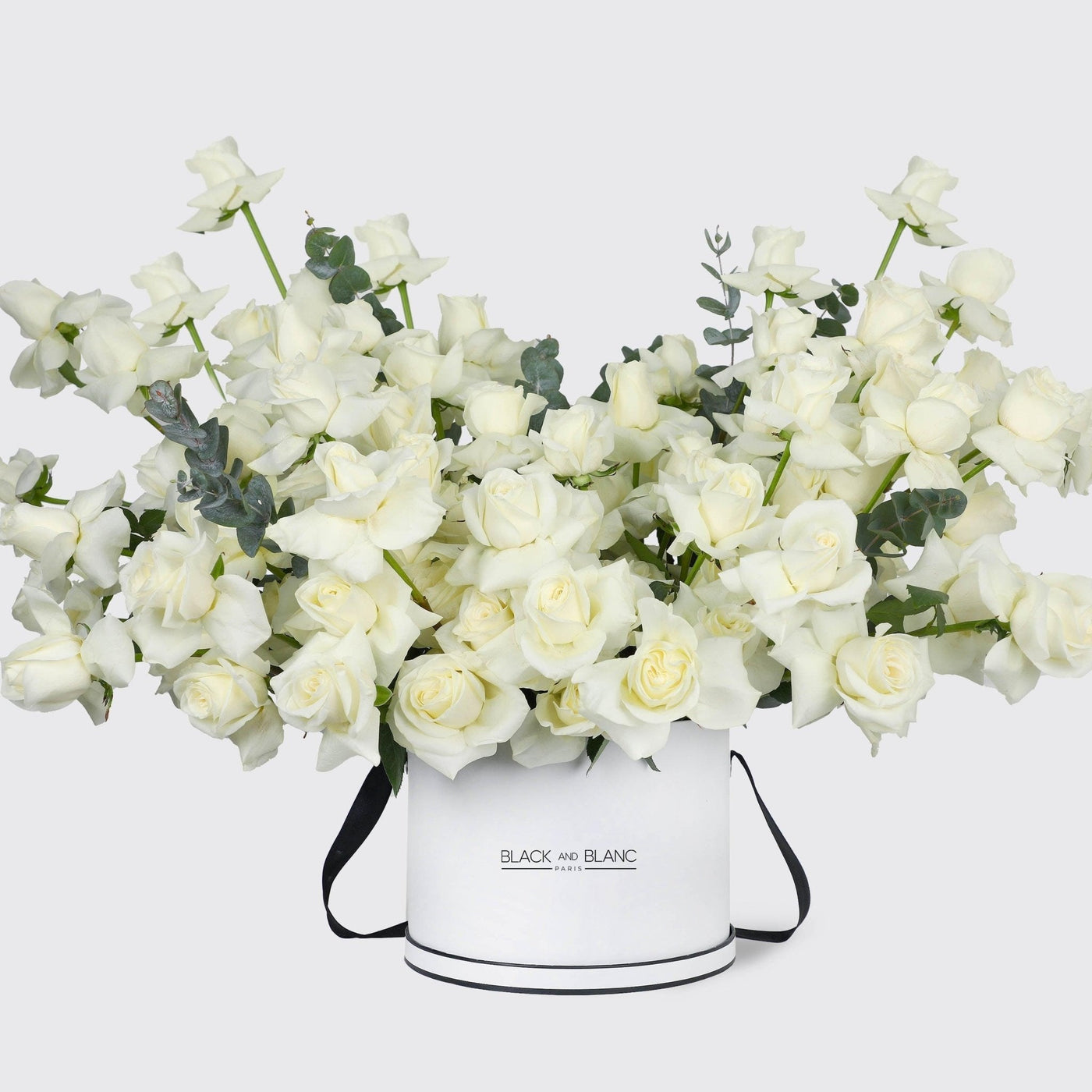 100/101 White Roses in Box - BLACK AND BLANC
