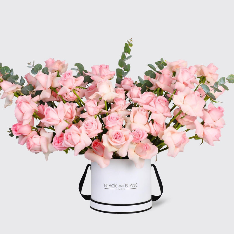 50/51 Pink Roses in Box - Fresh Flowers - BLACK AND BLANC
