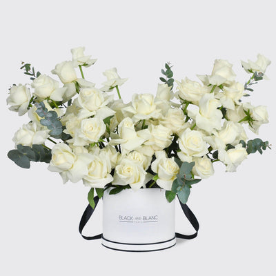 50/51 White Roses in Box - BLACK AND BLANC