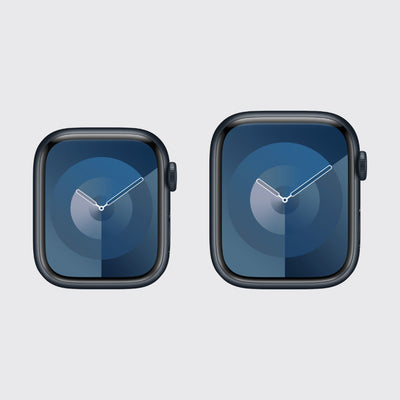 Two Apple Watches showcasing sleek clock faces from the Apple Watch Series 9 Hamper