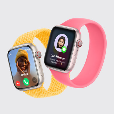 Two Apple Watches showcasing colorful bands and incoming call screens in Apple Watch Series 9 Hamper