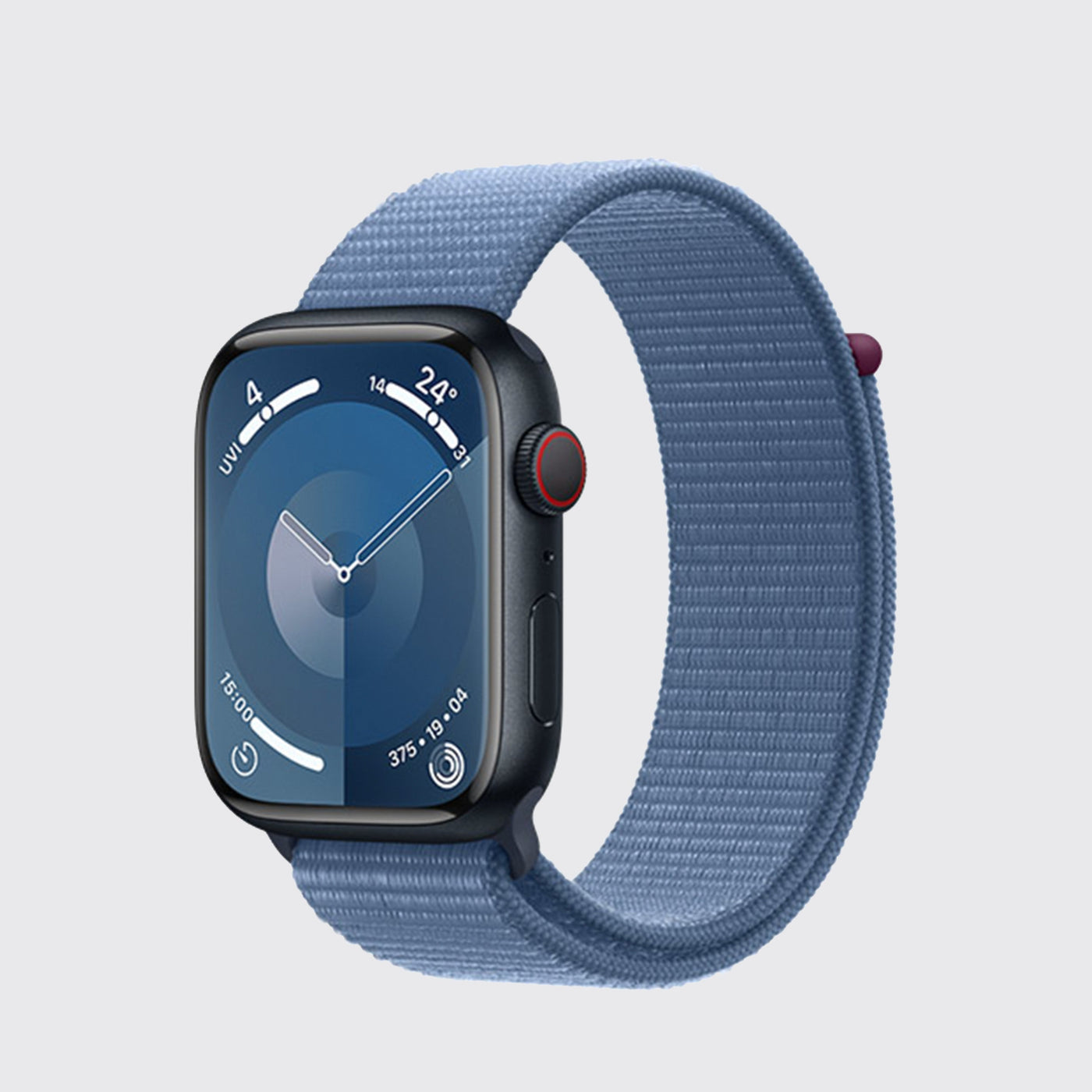 Blue Apple Watch with a matching woven fabric band in the Apple Watch Series 9 Hamper