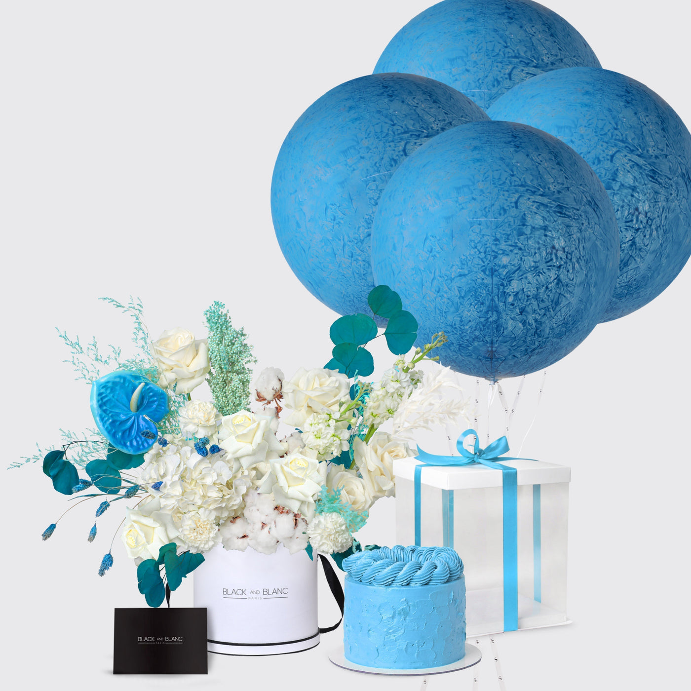 Aqua Elegance in Box with Cake and Balloons (Express)
