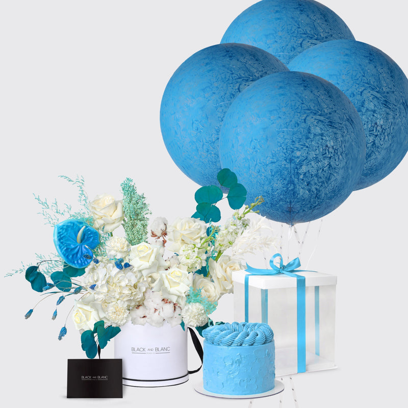 Aqua Elegance in Box with Cake and Balloons (Express)
