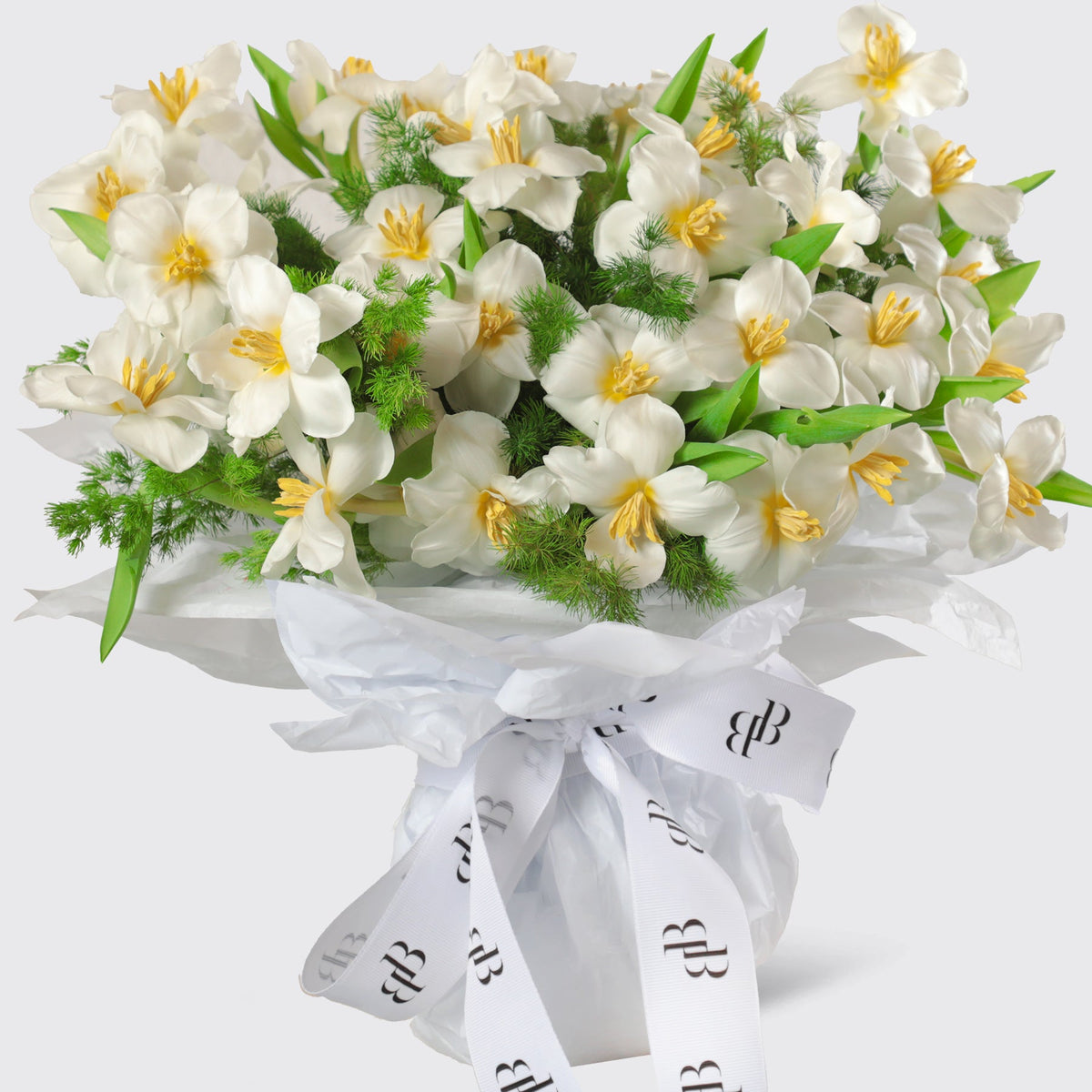 Glowing White Tulips Bouquet - BLACK AND BLANC