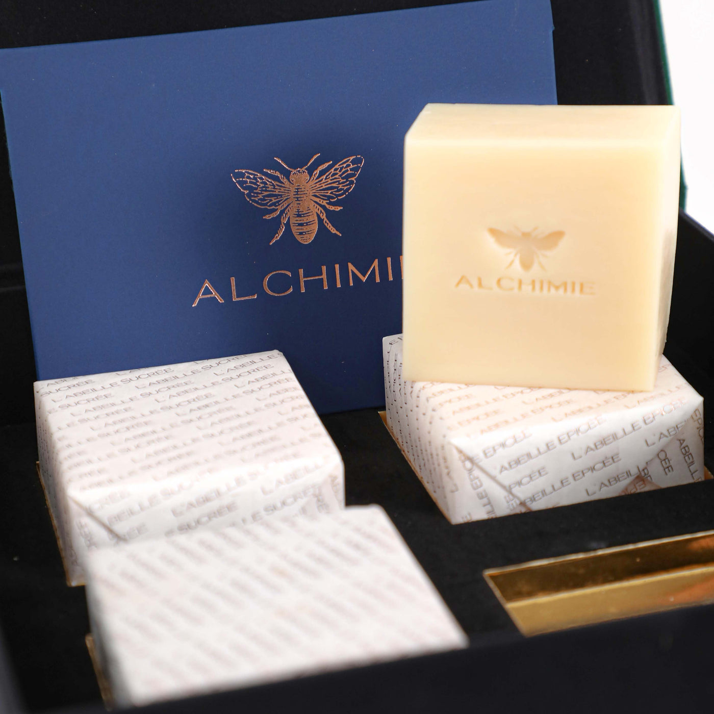 Gift box of Alchimie luxury soaps with bee logo, perfect for Home Sweet Home vibes