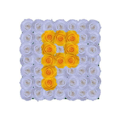 Beautiful arrangement of yellow roses forming an Infinity Letter P on white roses