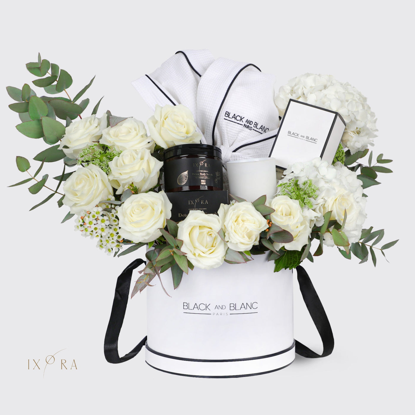 Ixora Skin Care and Black and Blanc Bathrobe and Candle Hamper - Hamper