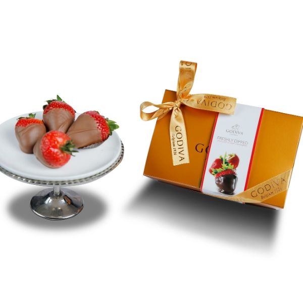 Milk Dipped Chocolate Strawberries on a cake stand with a gift box, Godiva Chocolate-Covered