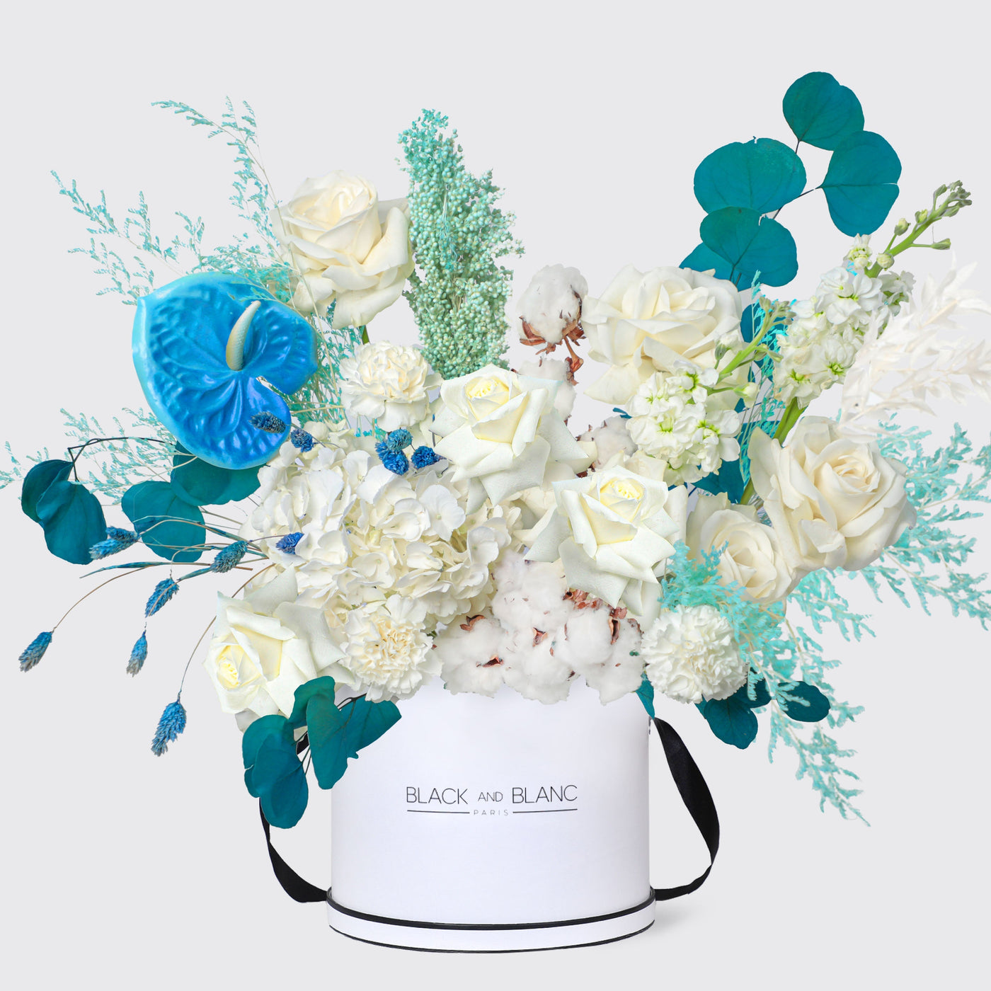 Elegant floral arrangement in a box showcasing Parisian Grandeur with blue and white blooms