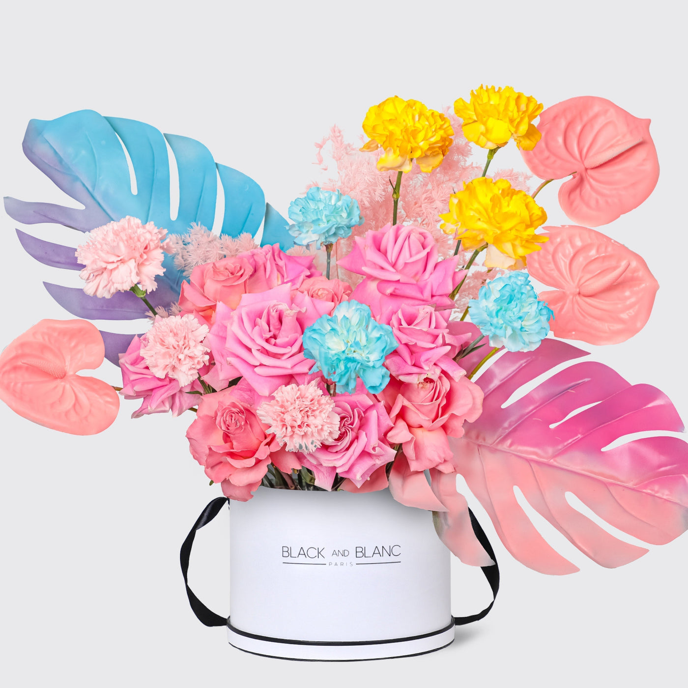 Colorful floral arrangement in a white box named Pastel Dreamscape in Box