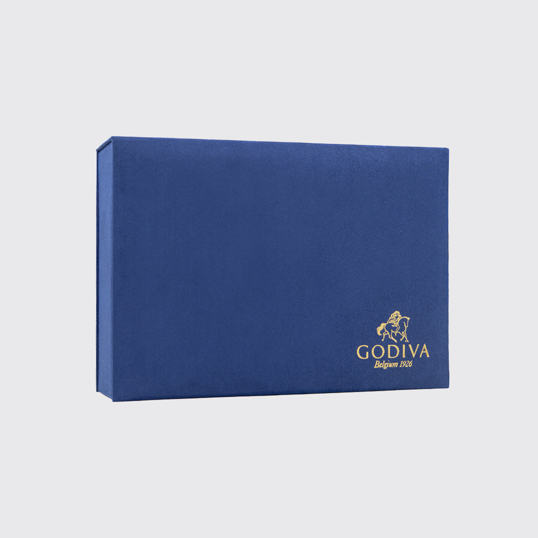 Blue Godiva chocolate gift box with gold logo from the Royal Gift Box collection