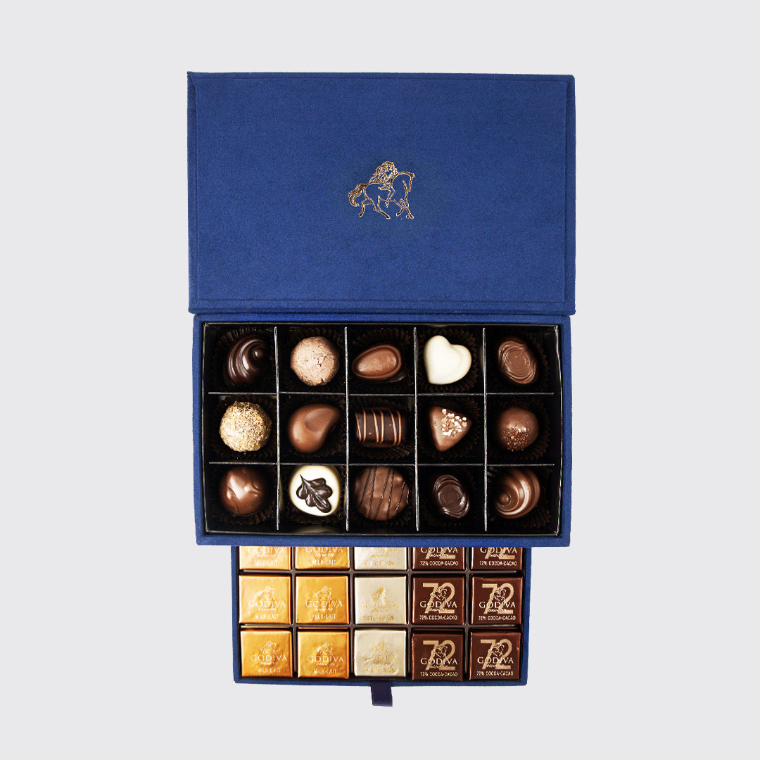 Assorted chocolates in a Royal Gift Box with a hidden drawer of chocolate squares