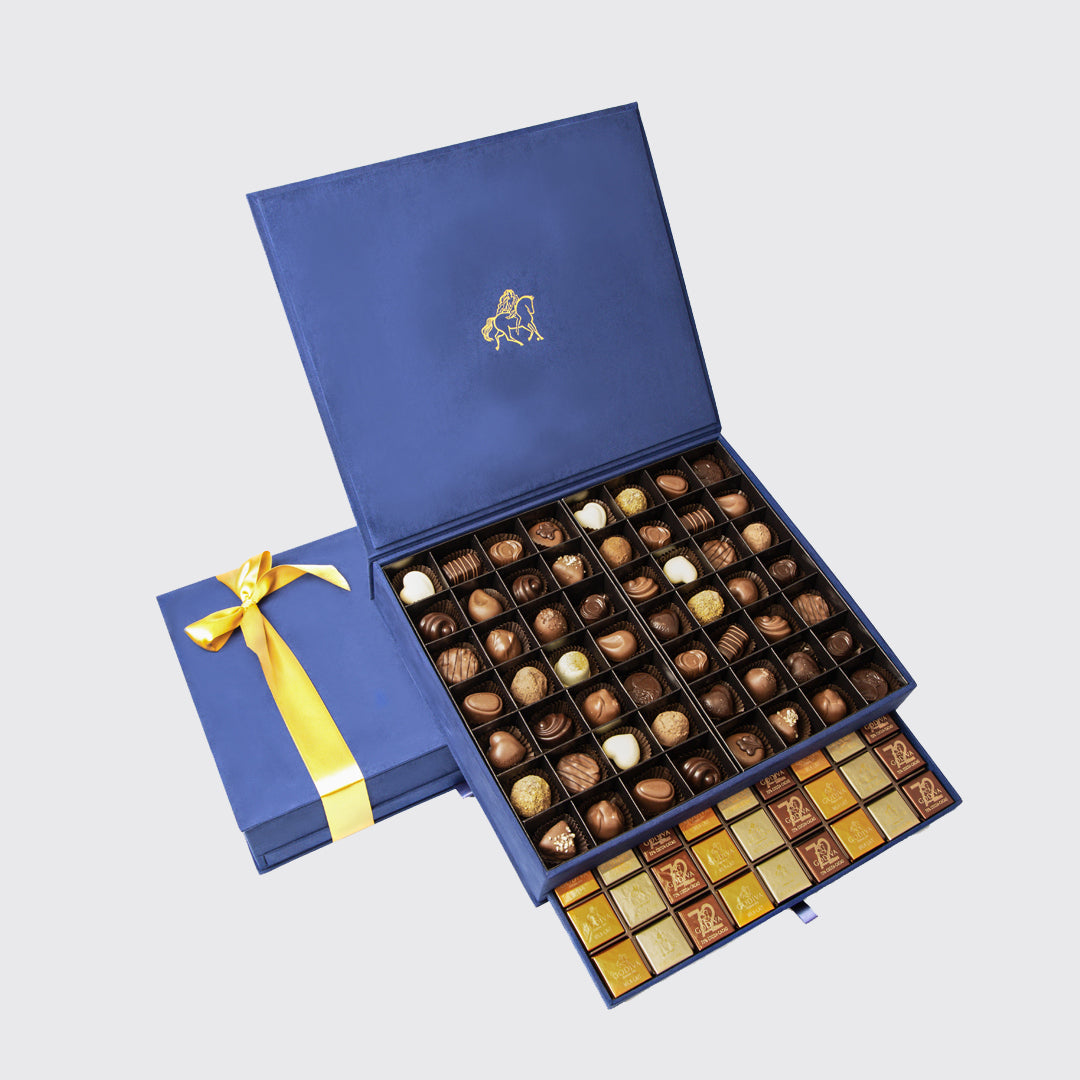 Luxurious blue Royal Gift Box XL packed with assorted chocolates and confections