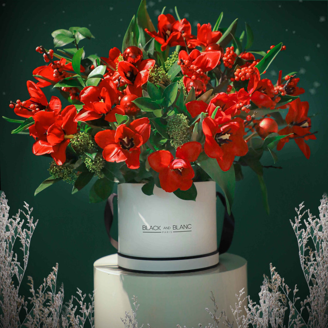 Scarlet Symphony in Box - Fresh Flowers - BLACK AND BLANC