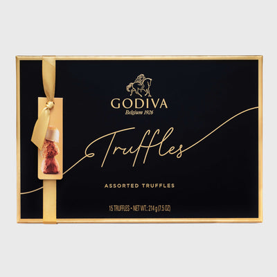 Box of Godiva chocolate truffles gift box featuring elegant gold lettering on black