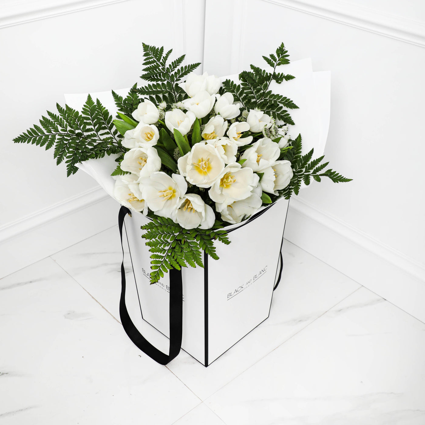 Snow White Tulips Bouqs- Fresh Flowers - BLACK AND BLANC