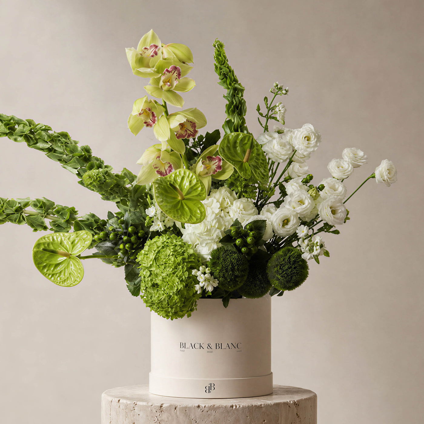 Green and white arrangement of cymbidium orchid, anthurium and lisianthus in a Black & Blanc box