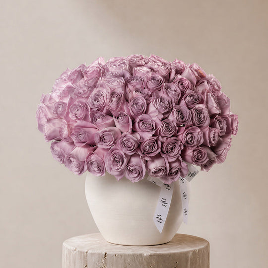 Sundus Purple Roses in Ivory Vase - BLACK AND BLANC
