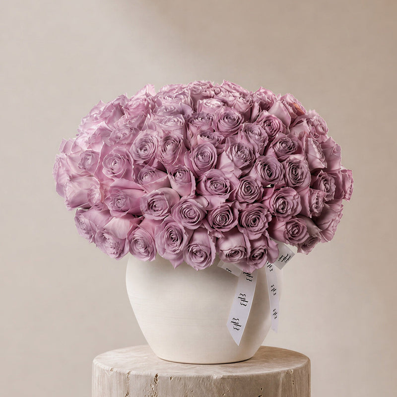 Sundus Purple Roses in Ivory Vase - BLACK AND BLANC
