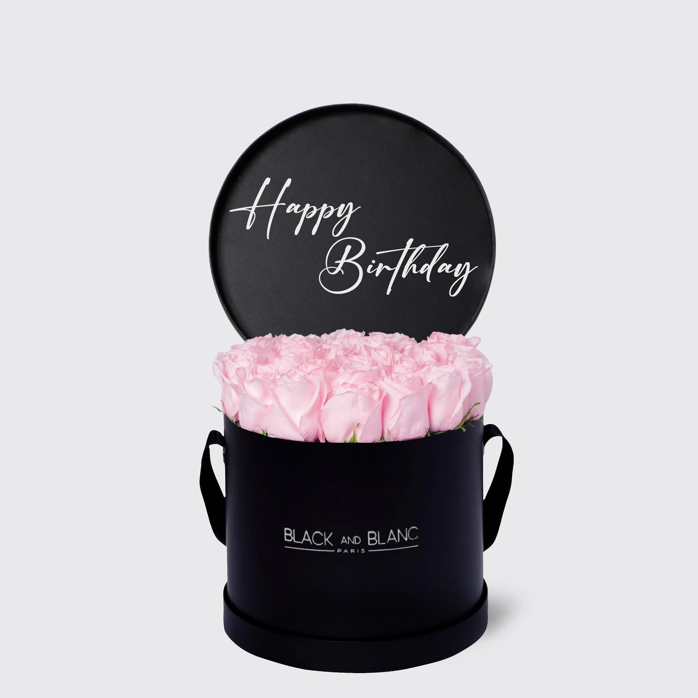 Elegant black box with pink roses and a Happy Birthday sign from Texte De Fleur