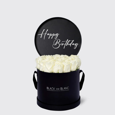 Elegant black box with white roses and a Happy Birthday sign from Texte De Fleur