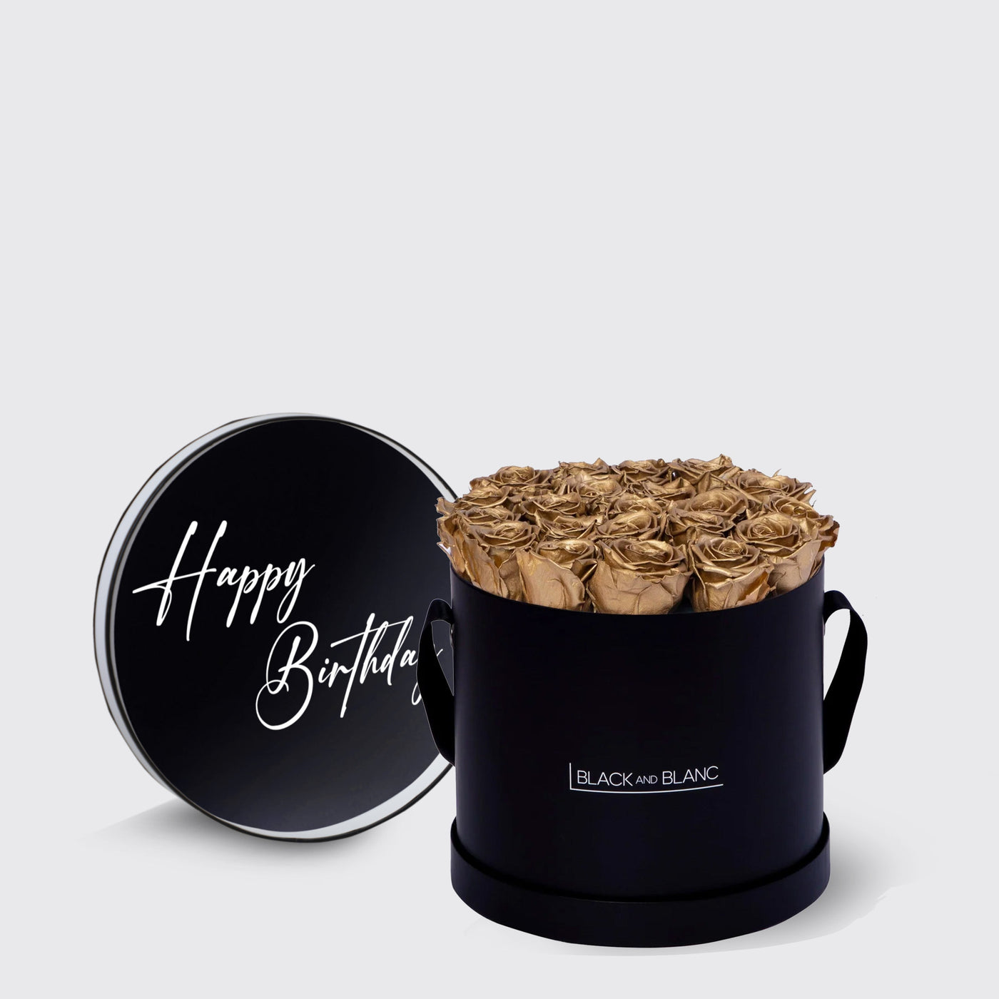 Elegant black box with golden infinity roses and Happy Birthday lid design