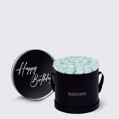 Elegant black box with pale green infinity roses and Happy Birthday lid design