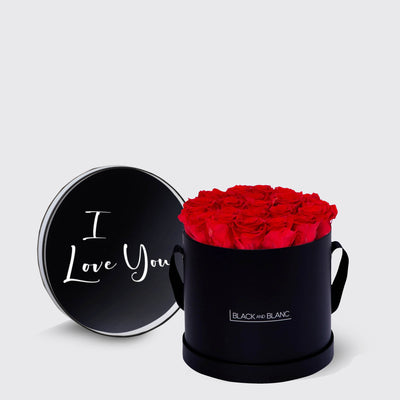 Circular black box with infinity roses and I Love You lid for Texte de Fleur gift