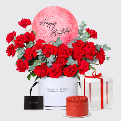 Bouquet of red roses in white container for Vivid Fashion Birthday Set